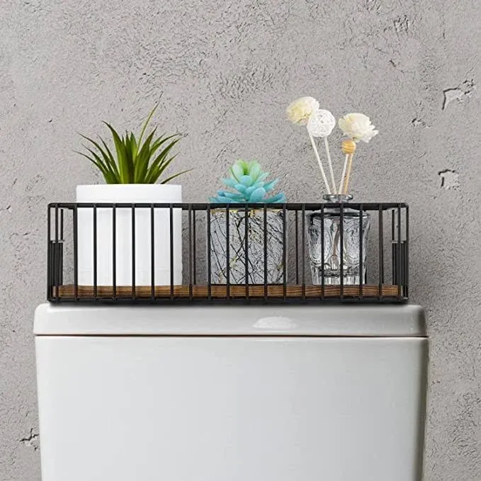 Matte Black Metal Wire & Burnt Wood Above Tank Bathroom Storage / Vanity Basket  | eBay