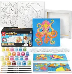 ARTEZA Kids Ocean Scenes Painting Kit, 4 Canvases, 8 x 8 in, 24 Acrylic Paints, 4 Paint Brushes, 4 Palettes, Ages 6+