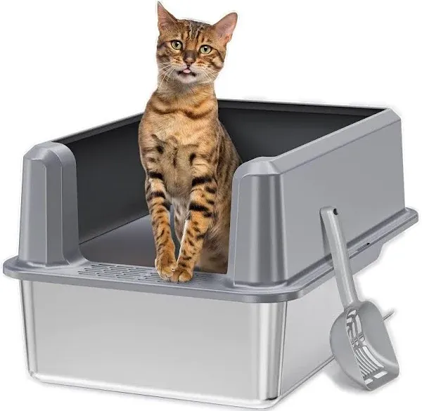 Stainless Steel Cat Litter Box with Lid, XL Extra Large High Side Cat Litter Box, Enclosed Litter Box for Small Cats, Non-Leaking, Easy to Clean, Anti-Leakage, Include Litter Scoop (Grey)