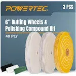 POWERTEC 71631 6 Inch Bench Grinder Buffing Wheel Kit w/ 3pcs Polishing Compound Set Including Black, White, Green Bars and Treated Yellow (40 Ply)