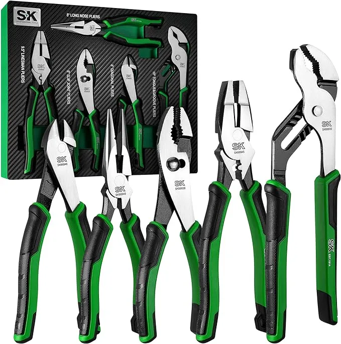 SK 5-Piece Pliers Set, 8" Long Nose Pliers, 9.5" Linesman Pliers, 8" Slip Joint Pliers, 8" Diagonal Pliers, and 10" Groove Joint Pliers, Premium CR-V Construction, with EVA Foam Tool Organizer