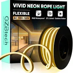 GZBtech Flexible LED Neon Rope Lights 16.4FT,AC 110-120V Waterproof Neon Strip Light, 120LEDs/M Cuttable Connectable Neon Lighting for Indoor Outdoor Home Decor/Commercial Building Use-Warm White 5M