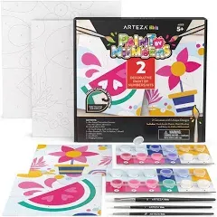 Arteza Kids Paint by Numbers Kit, 10 x 10 Inches, Decorative Pre-Printed Canvas Painting Kit with 2 Canvases, 24 Acrylic Paint Pots, 3 Paintbrushes