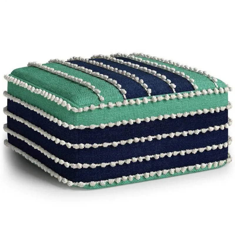 Pemberly Row Traditional Boho Square Woven  Pouf in Aqua and Navy and White