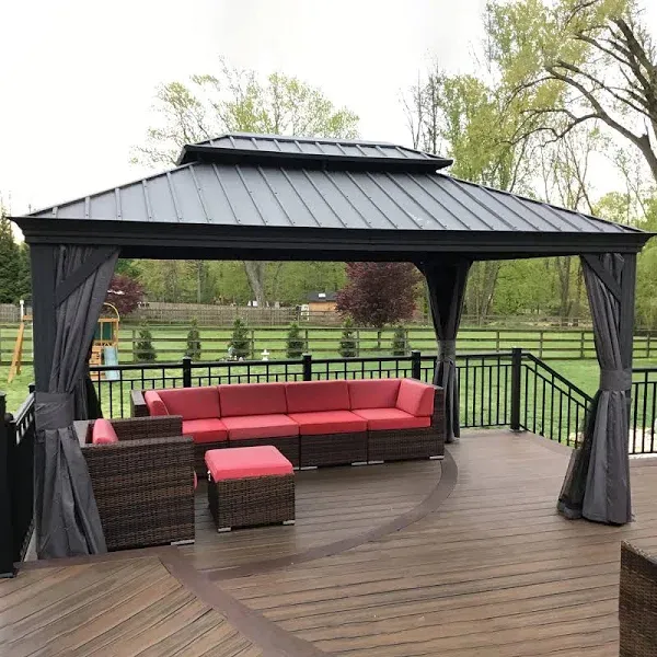 PURPLE LEAF 12&#39; X 24&#39; Large Gazebo with Galvanized Steel Double Roof Outdoor Patio Gazebo with Light for Lawn and Garden Permanent Hardtop Gazebo Grey