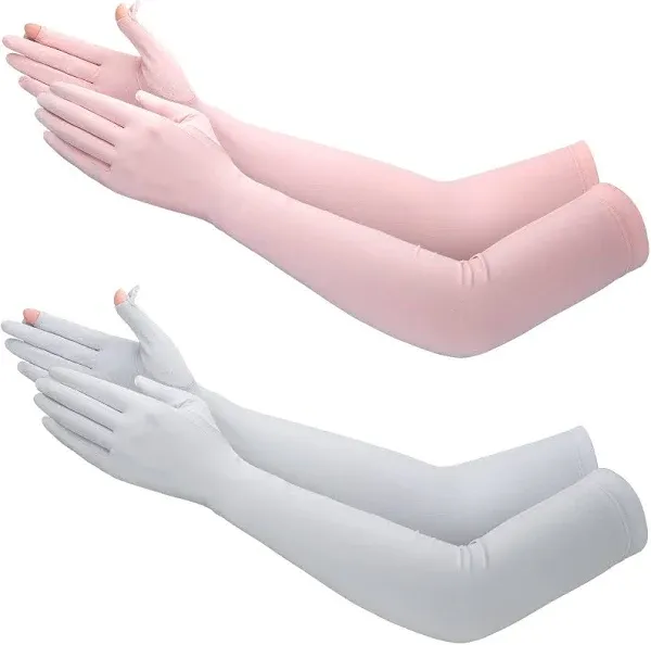 Jecery 2 Pairs UV Long Sun Gloves Women's Sunblock Driving Gloves Non Slip Full Finger Arm Sun Protective for Outdoor Sports