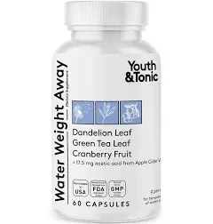 Youth & Tonic Natural Water Weight Away Pills for Belly Bloating Swelling & Water Retention - Herbal Diuretic Supplement for Women & Men - 60 Capsules with Potassium Caffeine Free