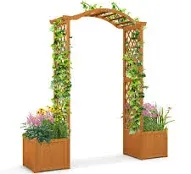 Giantex Garden Arbor with Planter, Wooden Planter Arch with Trellis, Outdoor Arch for Climbing Plants, Vegetables, Herbs, Decorations, Arbor Archway for Wedding, Ceremony, Party (Orange)