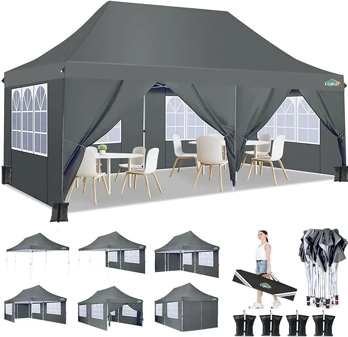 COBIZI 10x20ft Pop Up Canopy Tent with 6 Removable Sidewalls, Easy Up Commercial Canopy, Waterproof and UV50+ Gazebo with Portable Bag, Adjustable Leg Heights,Party Tents for Parties, with 4 Sandbags