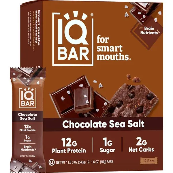 IQ BAR Brain Fuel Protein Bars Chocolate Sea Salt 1.6 Oz Box of 24 Bars