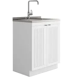 SIMPLIHOME Murphy Transitional 24 Inch Laundry Cabinet with Faucet and Stainless Steel Sink in White, For the Laundry Room and Utility Room