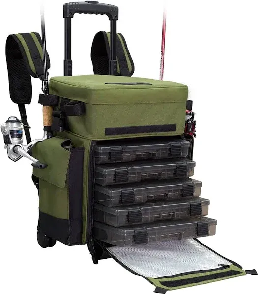 Elkton Outdoors Rolling Fishing Tackle Box Bag with 5 Removable Tackle Trays