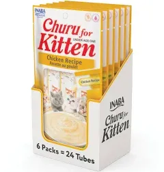 INABA Churu for Kittens, Grain-Free Creamy, Purée Lickable Cat Treats with DHA, EPA, Vitamin E & Taurine, 0.5 Ounces Each, 24 Tubes (4 per Pack), Chicken Recipe