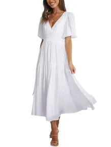 HOULENGS Women's Deep V Neck Puff Short Sleeve Tiered Dress Elastic High Waist Flowy A Line Midi Dresses