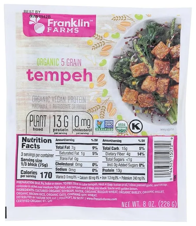 Franklin Farms Organic Five Grain Tempeh, 8 Ounce -- 12 per case.