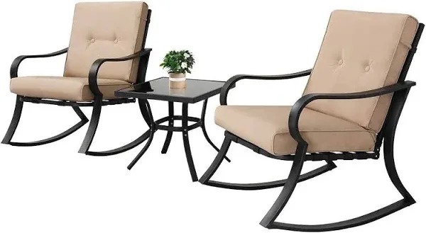 Solaura 3-Piece Outdoor Rocking Chairs Bistro Set Black Patio Furniture Thickened Cushion Coffee Table