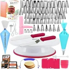 RFAQK 200PCs Cake Decorating Kit for Beginners with Turntable for Decoration - Piping Bags and Tips Set (110+55), Straight & Offset Spatula, Leveler, Video Course, Pattern Chart & More Baking Supplies