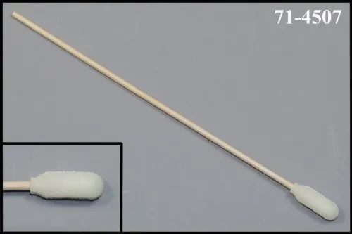 (Bag of 50 Swabs) 71-4507: 6” Overall Length Foam Swab with Narrow Foam Mitt Over Cotton Bud and Birch Wood Handle