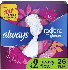 Always Radiant FlexFoam Pads Size 2 Heavy Flow Absorbency With Wings - 26 Count