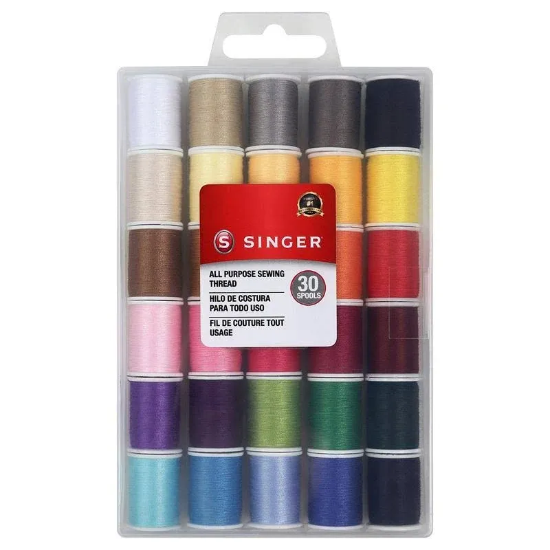 SINGER Polyester Sewing Thread Set - 30 Assorted Colors, 50 Yards per Mini Thread Spool, Sewing Kit Includes 5 Large Eye Hand Needles, 1 Needle Threader, Suitable for Hand and Machine Sewing