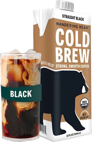 Wandering Bear Straight Black Organic Cold Brew Coffee, 32 fl oz, 6 pack - Extra Strong, Smooth, Organic, Unsweetened, Shelf-Stable, and Ready to Drink Iced Coffee, Cold Brewed Coffee, Cold Coffee