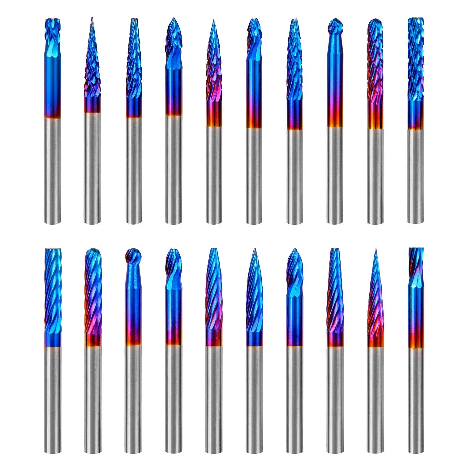 Hakkin 20 Pcs Carbide Rotary Burrs Set, End Mill CNC Router Bit, 1/8&quot; Shank Nano Blue Coating Ball Nose End Mill, Double Cut Coat Rotary Drill for