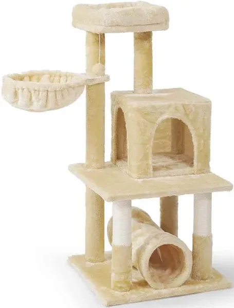 CAPHAUS Cat Tower for Indoor Cats, Modern Cute 40-Inch Small Cat Tree with Widened Perch for Large Cats Kittens, Multi-Level Cat Activity Tree with Scratching Posts, Tunnel, Basket, Cat Cave Condo