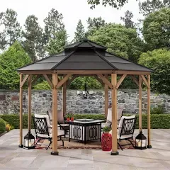 Sunjoy 13 ft. x 13 ft. Cedar Framed Octagon Gazebo with Black Steel 2-Tier Hardtop Roof