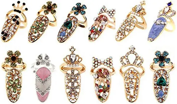 12Pcs Women Fashion Bowknot Nail Ring Charm Crown Flower Crystal Finger Nail Rin