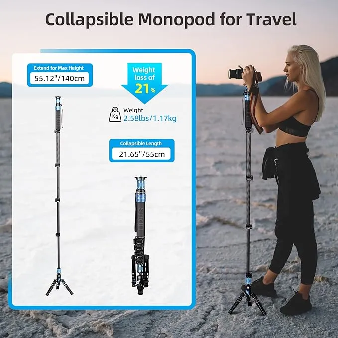 SIRUI P-325FS Camera Monopod for Photography, 140cm Carbon Fibre Camera Monopod with Removable Tripod Stand Base, Travel Hiking Walking Stick Monopod for DSLR Camera, Video Camcorder, Max Load 10kg