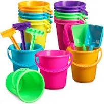 Beach Party set for Kids (Pack of 12) 4.5-Inch Party Beach Pails, with Shovels, Rakes, and Mesh Bags, Heavy-Duty Sturdy Unbreakable Plastic for Sand and Water, Summer Fun Outdoor Party Favors