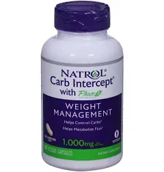 Natrol Carb Intercept with Phase 2 Carb Controller Capsules, White kidney bean extract, Helps control carbs, Helps metabolize fats, Clinically tested, Promotes healthy body weight, 1,000mg, 120 Count