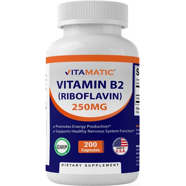 Vitamatic Vitamin B2 (Riboflavin) 250 mg 200 Capsules - Support Cellular Energy