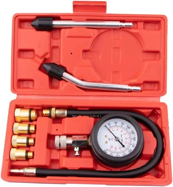 8PCS Compression Tester, Engine Compression Tester kit Professional Petrol Gas Engine Cylinder Pressure Gauge 0-300 PSI Automotive Tool for Motorcycle Car Truck（Red）