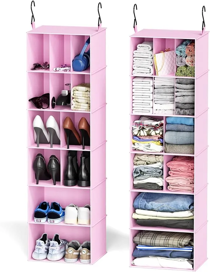 SpaceAid 2 Pack Hanging Closet Organizer and Storage with Dividers, 24 Compartments Hanging Shoe Shelves for Closet, Wardrobe, RV, Garment Rack - Pink