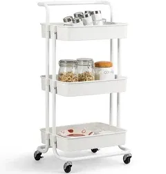 Giantex 3-Tier Utility Cart, Storage Rolling Cart with Casters, Multifunctional Organizer Cart with Top Handle, ABS Mesh Baskets, Storage Trolley with Brakes for Home and Office 16.5"x14"x34"(White)