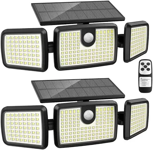 Solar Lights Outdoor, 3 Head Solar Motion Lights Outdoor with 2500LM 218 LEDs High Brightness, Built-in Bigger Tempered Glass Solar Panel, Sensitive PIR Motion Inductor(2-Pack)