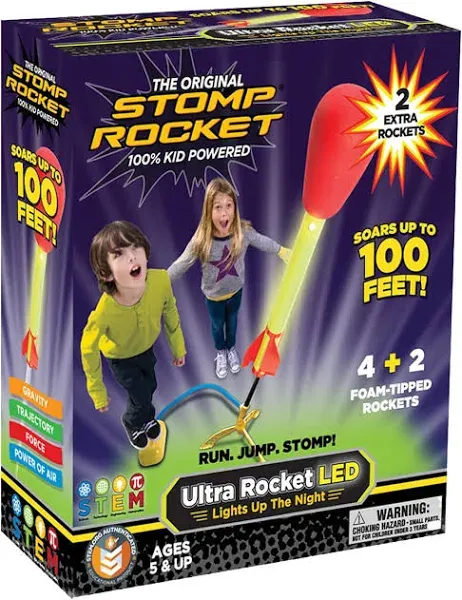 Stomp Rocket Ultra LED Rocket Launcher for Kids, 6 LED Foam Tipped Rockets - Fun Backyard & Outdoor Kids Toys Gifts for Boys & Girls - Toy Foam Blaster Set - Multi-Player Adjustable Launch Stand