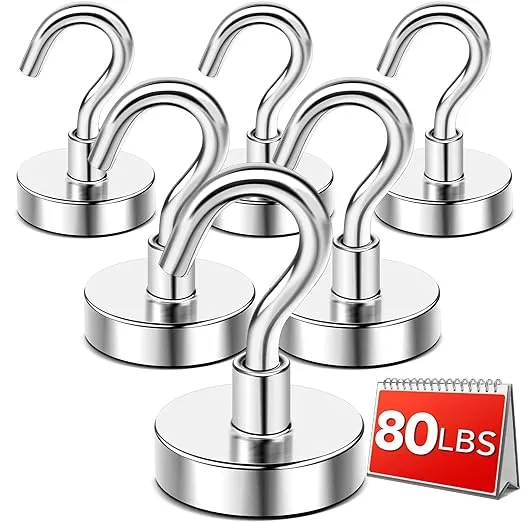 DIYMAG Magnetic Hooks Heavy Duty, 80 LBS Neodymium Magnet Hooks for Home, Kitchen, Workplace, Office, Garage and Indoor Hanging, Silver, Pack of 6