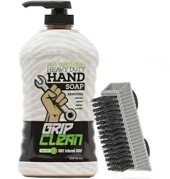 Grip Clean Hand Cleaner for Auto Mechanics, Heavy Duty Pumice Soap & Fingernail Brush, Tool Shop, Garage, Commercial, All Natural, Men, Women, Grit Cleansing, Sensitive Skin - 32oz Pump Top & Brush