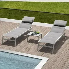 Domi Patio Chaise Lounge Set of 3, Adjustable Full Aluminum Pool Lounge Chairs with Wheels and Side Table, Padded Sunbathing Lounger for Deck Lawn Patio Backyard,Textilene - Khaki