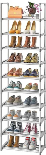 10-Tier Metal Shoe Rack, Narrow Shoe Rack Organizer, Sturdy Shoe Shelf for Closets, Entryway, Bedroom, Garage - Silver