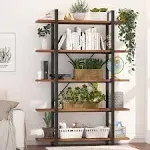 Wood and Metal Minimalist 5 Tier Bookshelf, 6 feet Tall Open Rustic Wi