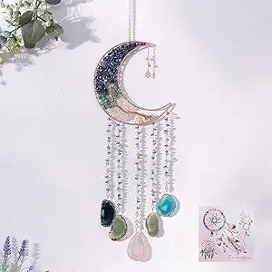 Agate Moon Dream Catchers with Crystal Life Tree Gemstone Dream Catchers Natural Gem Agate Wall Hangings Room Garden Dreamcatchers Decor (Colorful)