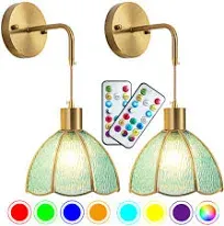 Battery Operated Wall Sconces Set Of Two, Indoor Not Hardwired Battery Wall Light With Remote Control, RGB Color Changing Dimmable Battery Powered Wall Lamp For Bedroom, Easy To Install, Bulb Included