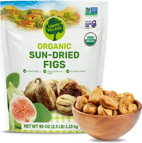 Happy Village Organic Turkish Dried Figs, No Sugar Added Dried Fruit, 40 OZ Resealable Pack - Kosher, Non-GMO, Unsweetened, Unsulfured, Vegan, Sun-Dried Organic Figs