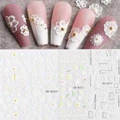 32 Sheet 3D Nail Art Stickers,Gold/Diamond Design Luxury Self-Adhesive Nail Art Decals Customized White Flowers Hearts Lines Geometry Nail Stickers for Nail DIY Decoration French Nail Accessories