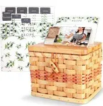 Primo Lines Recipe Box, Bamboo Recipe Organizer with 2 Slots Cellphone Stand, Kitchen Wooden Recipe Holder with 25 Recipe Cards 4"x6" and 12 Dividers, Wicker Picnicbasket Box Set