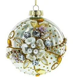 Jeweled Flowers Blown Glass Ball Christmas Ornament