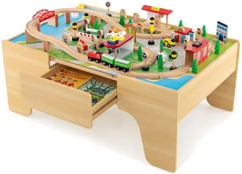 84-Pcs Kids Solid Wood Train Track Set, Reversible Detachable Tabletop w/ Drawer